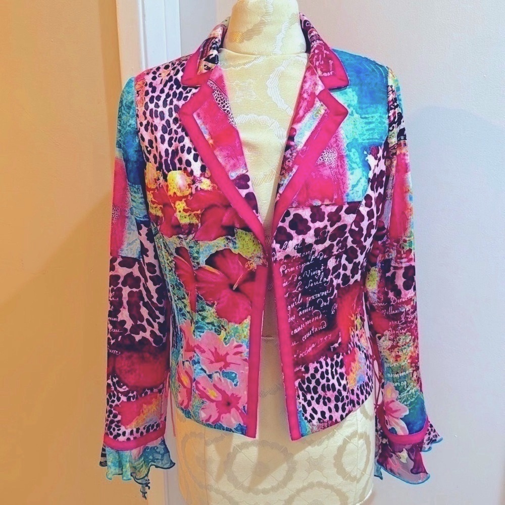 Vintage Corset Style Pink Floral Satiny Animal Floral Lined Jacket 4